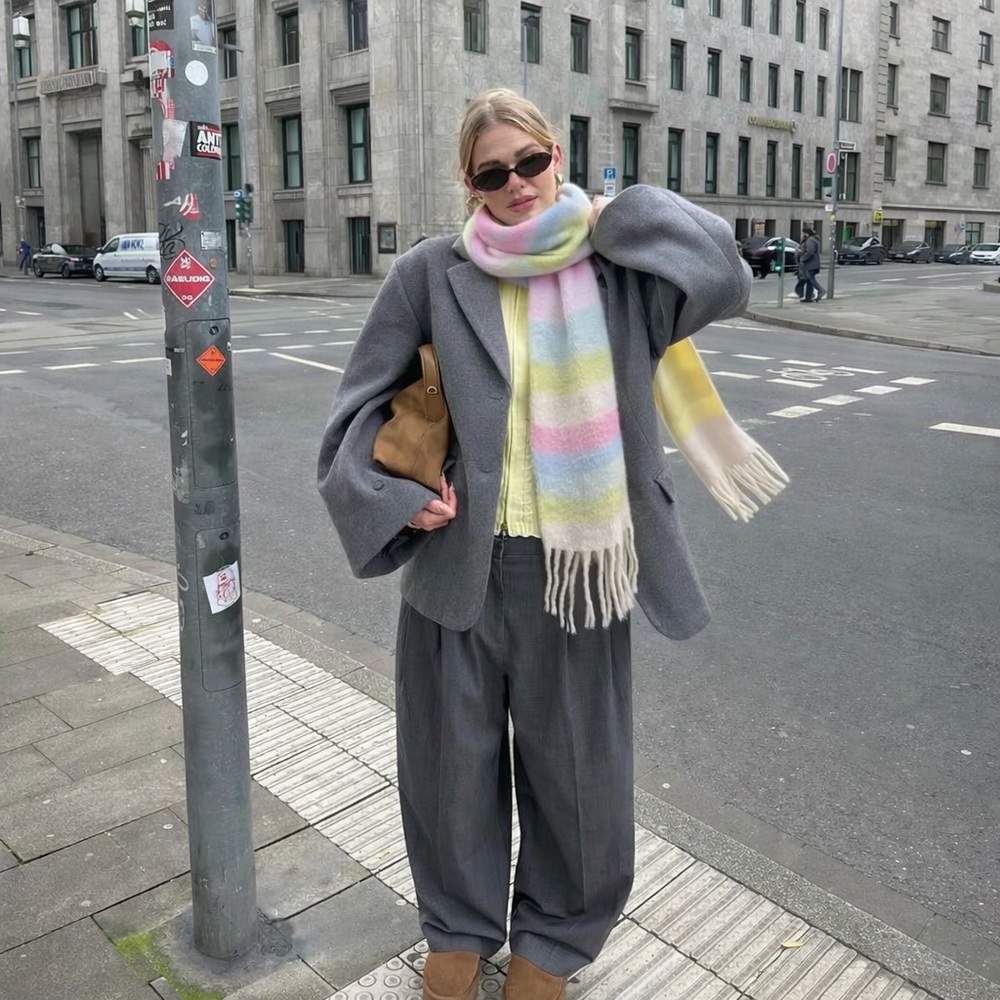 PIECES Pastel Rainbow Fuzzy Scarf Oversized Cozy Winter Cottagecore